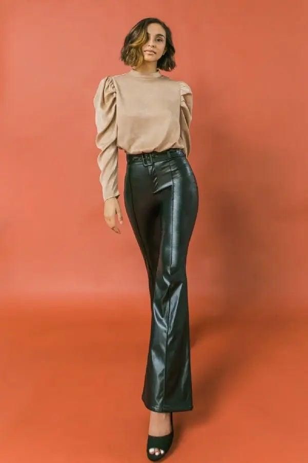 Faux Leather Bell Bottom Pants - BTK COLLECTION