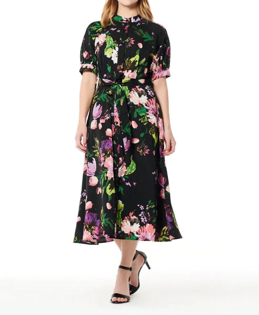Floral Print Puffed Sleeve Belted A-Line Maxi Dress - BTK COLLECTIONS