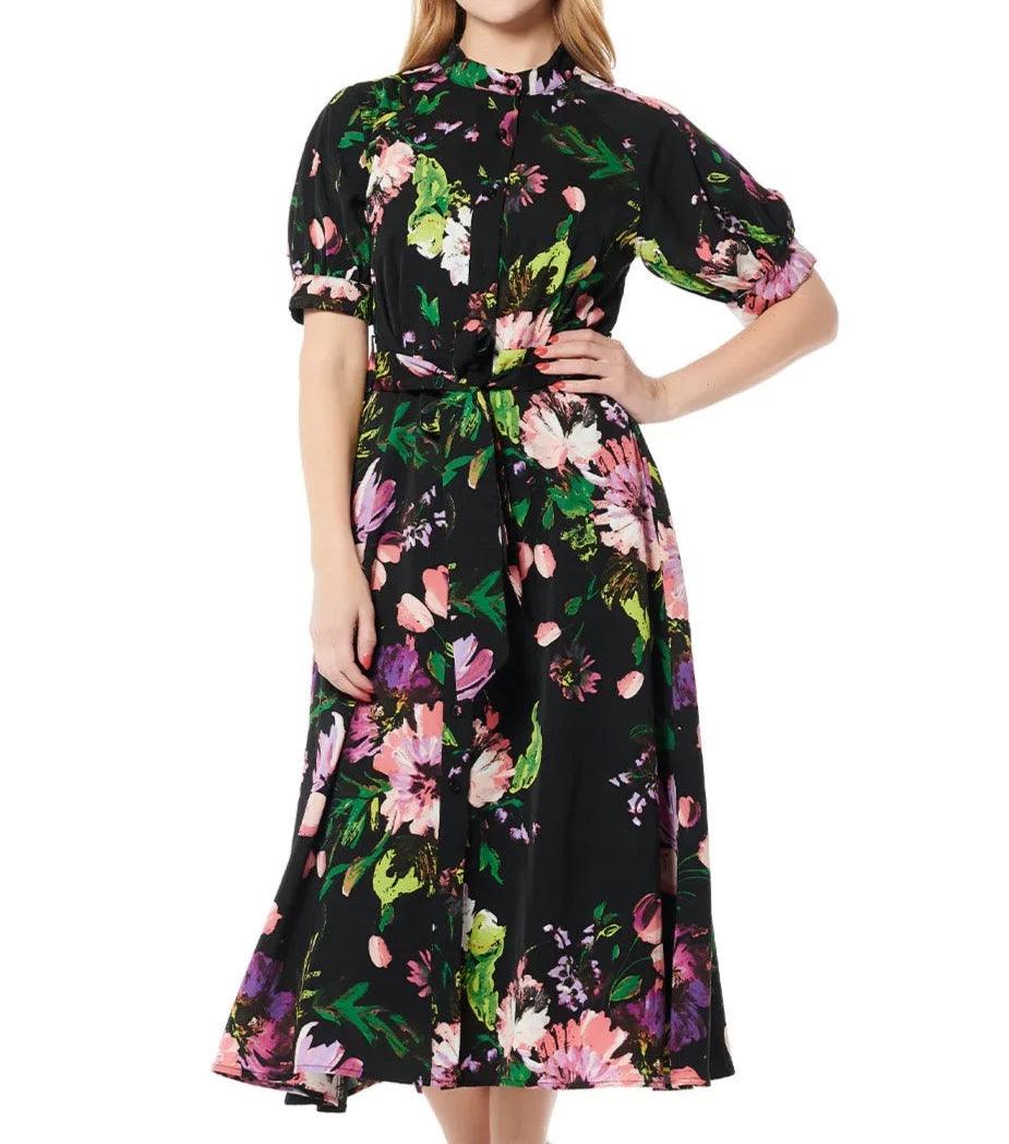 Floral Print Puffed Sleeve Belted A-Line Maxi Dress - BTK COLLECTION