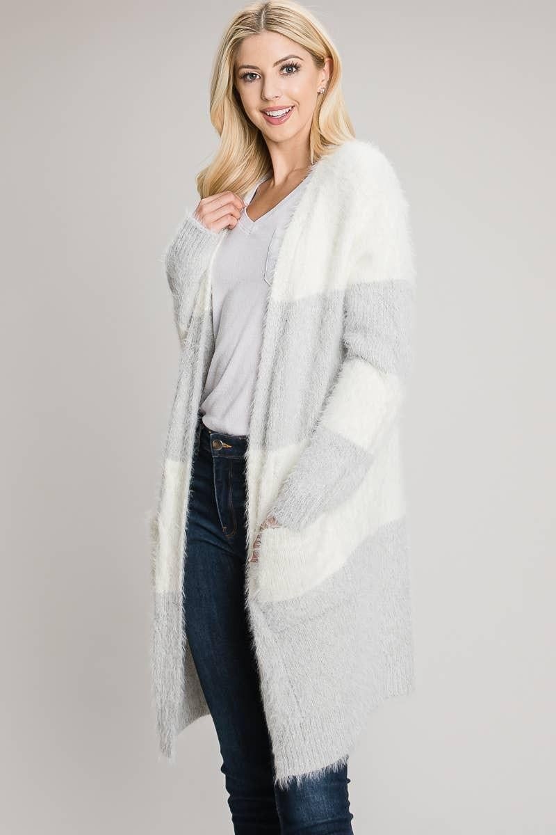Heather Grey Allie Rose cardigan showing fuzzy eyelash texture and a front patch pocket.