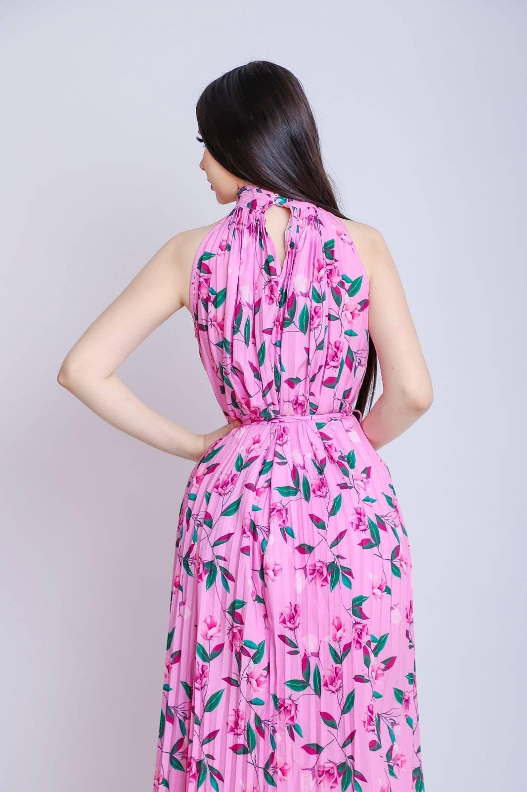 Back view of the pink floral pleated maxi dress showing a buttoned keyhole neckline, sleeveless cut and matching waist tie.