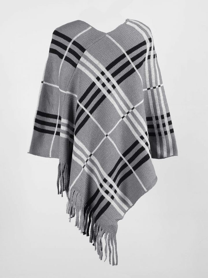Gray plaid fringe poncho wrap, asymmetrical drape
