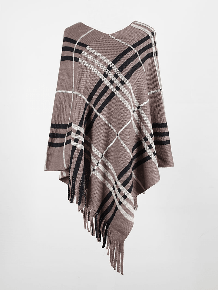 Taupe plaid fringed poncho shawl with flowing ruana styling