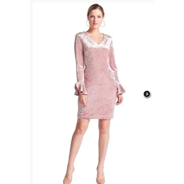 Full-length view of the Kara pink velvet dress with an above-knee hem, styled with nude heels.