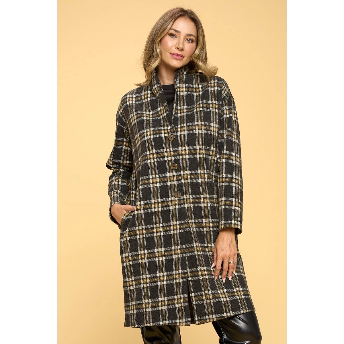 Plaid Coat with Buttons and Pockets - BTK COLLECTION