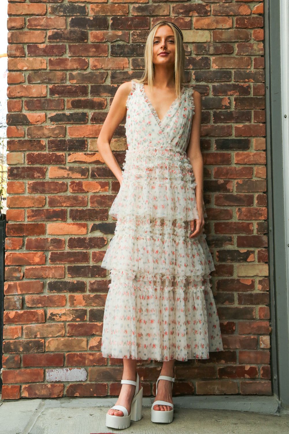 Printed Mesh Long Dress With Frill & Ruffle Detail - BTK COLLECTION