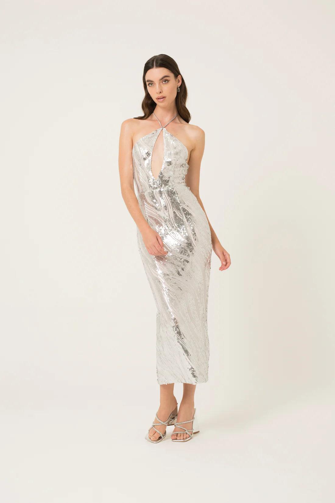 Silver sequin embellished halter midi dress with fitted silhouette