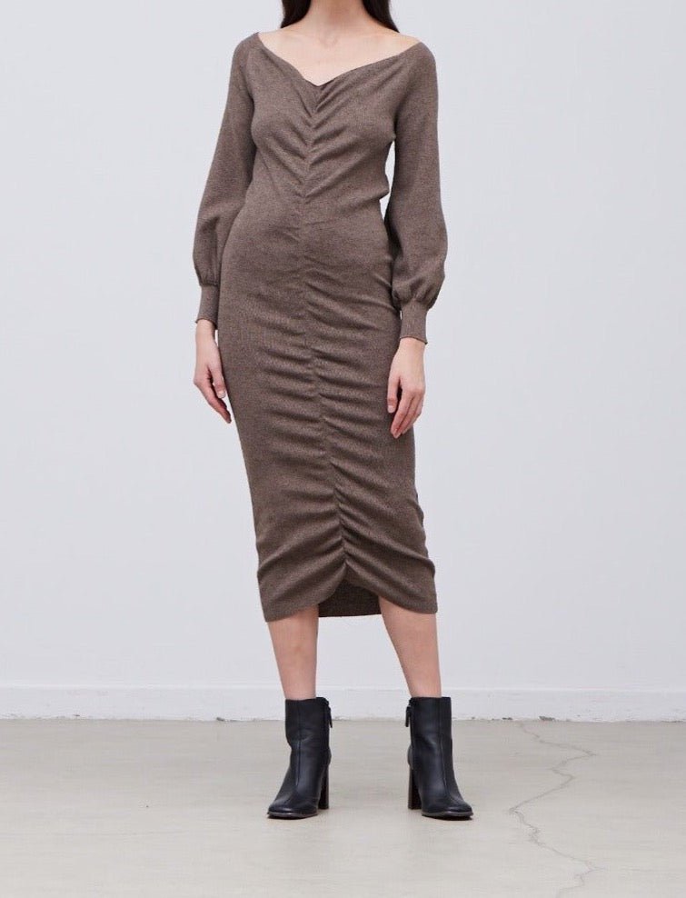 Front view of shirred sweater midi dress in darker tone with flattering fitted silhouette