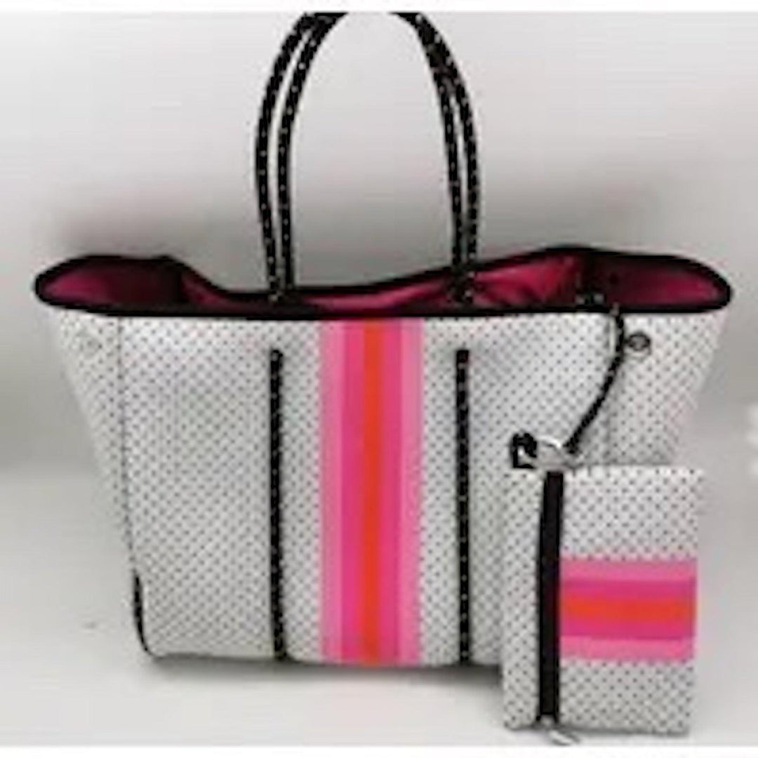 White neoprene tote with pink and orange center stripe and matching pouch