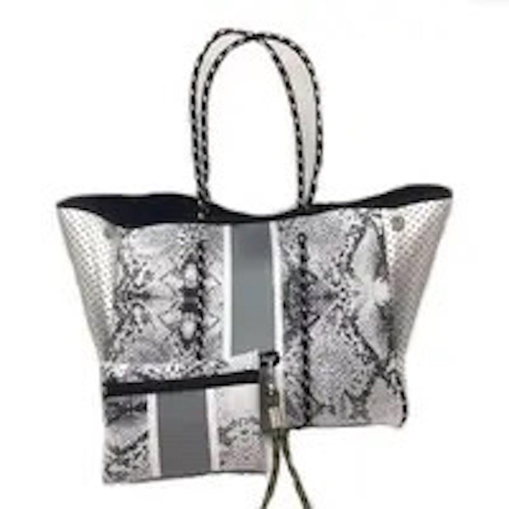 Neoprene tote bag with grey center stripe and snake skin print