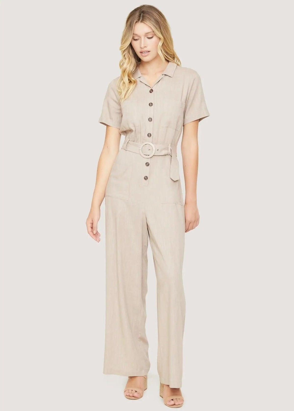 Lost + Wander Weekend Bliss almond jumpsuit with short sleeves, button front, round-buckle belt and wide legs.
