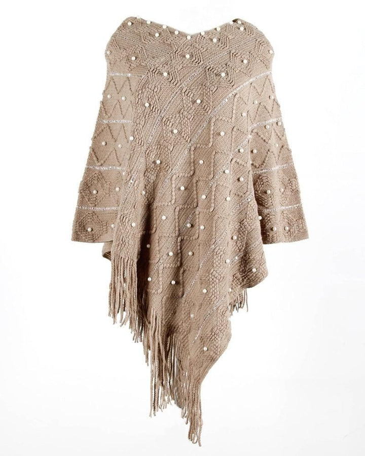 Taupe pearl‑accent knit poncho wrap with fringe