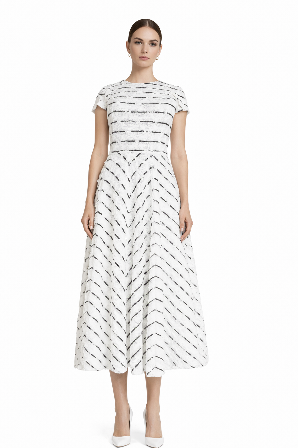 Nora Noh black and white lace midi dress with cap sleeves, a defined waist and a flared skirt