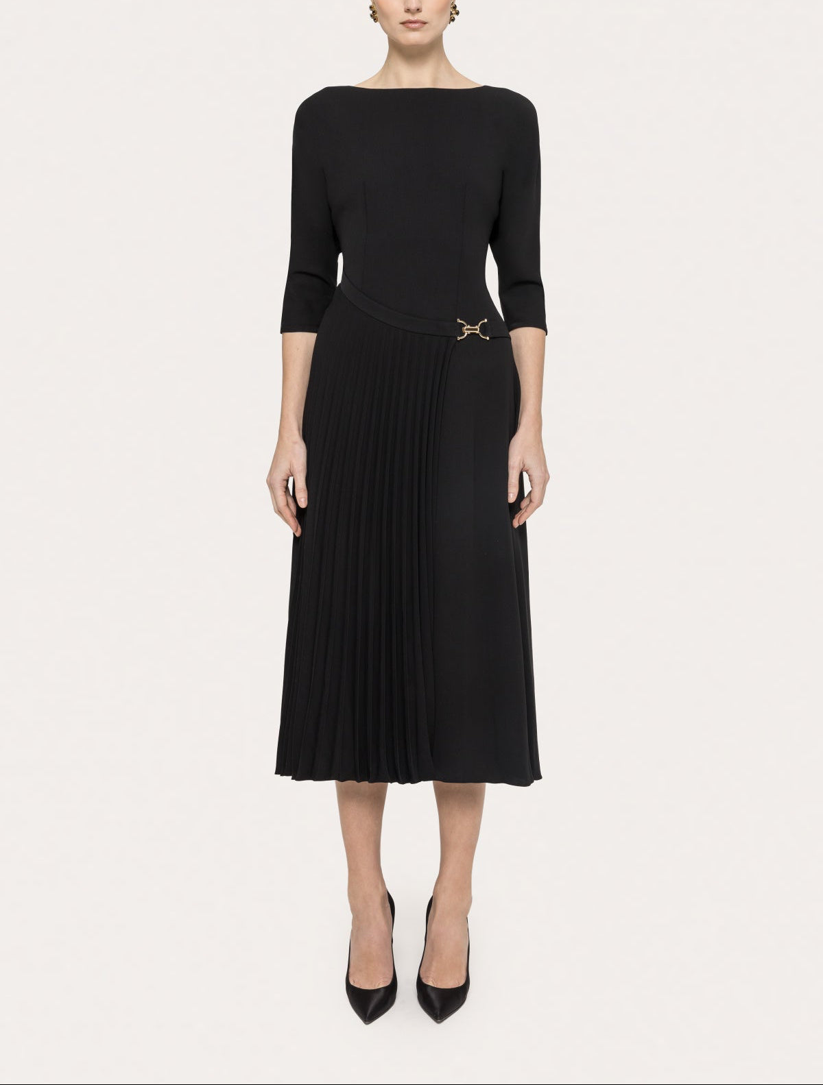 NISSA black boat-neck midi dress with three-quarter sleeves, a pleated skirt panel and gold-tone waist detail