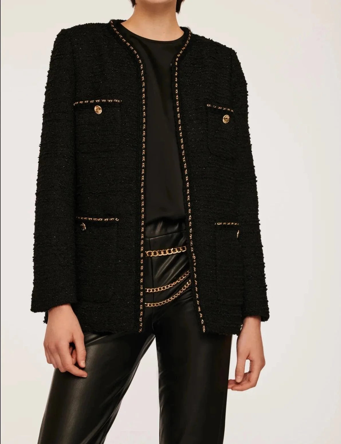 Weill Paris black collarless tweed jacket with gold chain trim and decorative buttons at BTK COLLECTIONS