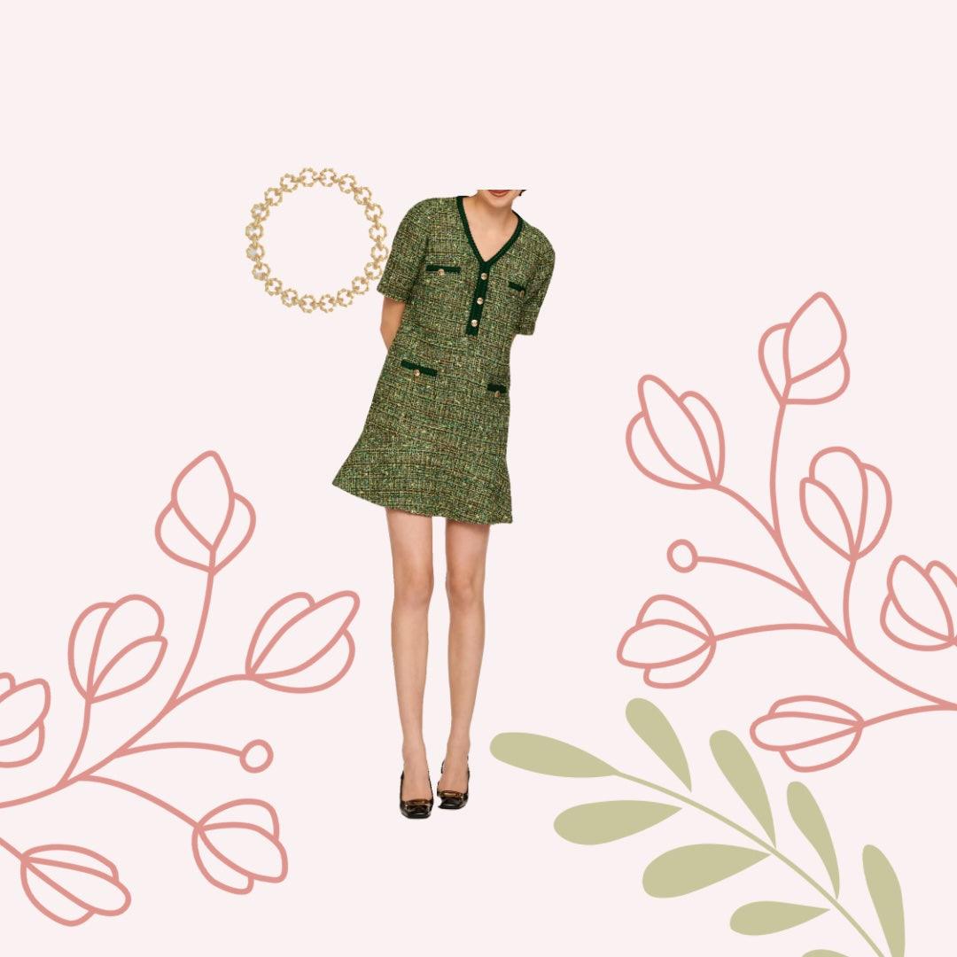 Unleash Your Wardrobe's True Potential with the Green Short Tweed Dress - BTK COLLECTIONS