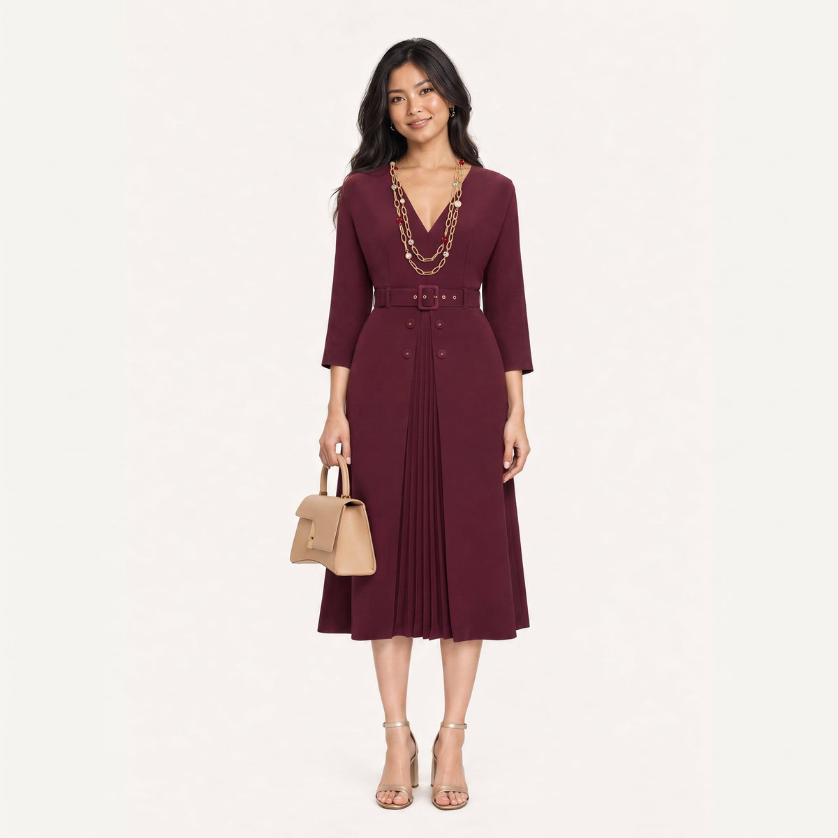 Digitally styled model wearing a burgundy NISSA midi dress, red-beaded gold-tone necklace and champagne sandals, carrying a beige satchel.