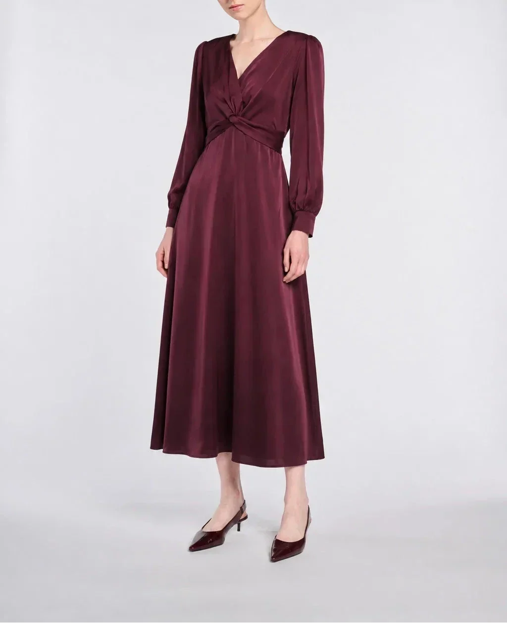 WEILL Paris burgundy satin midi dress with long sleeves and a crossover draped waist