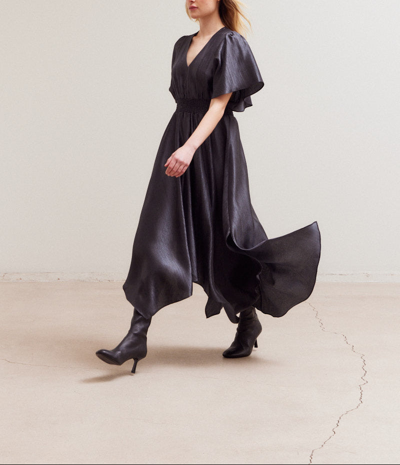 Grade & Gather Midnight satin maxi dress with flutter sleeves, a smocked waist and asymmetrical hem