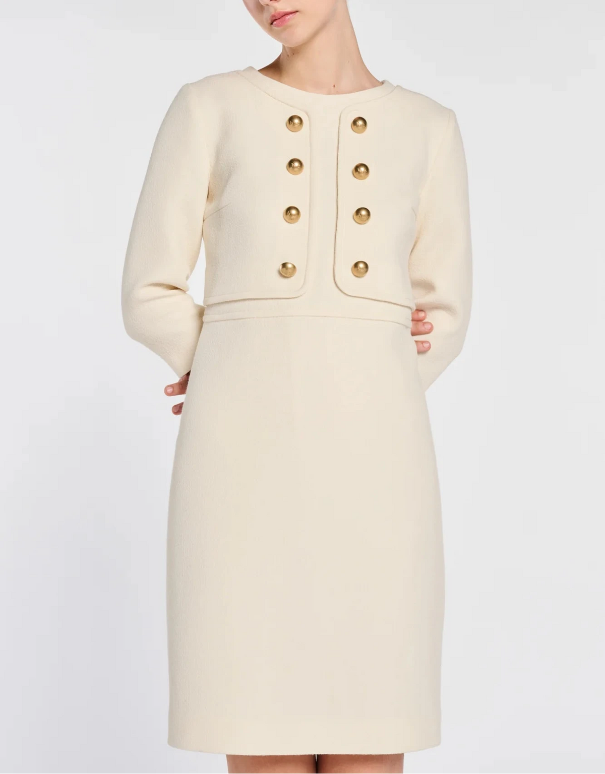 Ivory Weill illusion dress showing tailored front panels and straight skirt