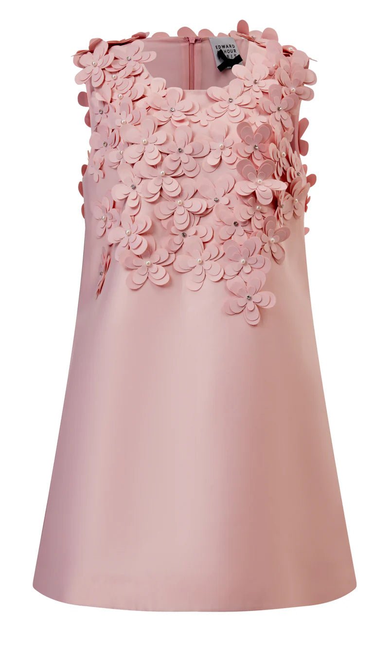 Front view of pink 3D floral A-line dress by Edward Achour Paris with embellished appliqué details and sleeveless round neckline