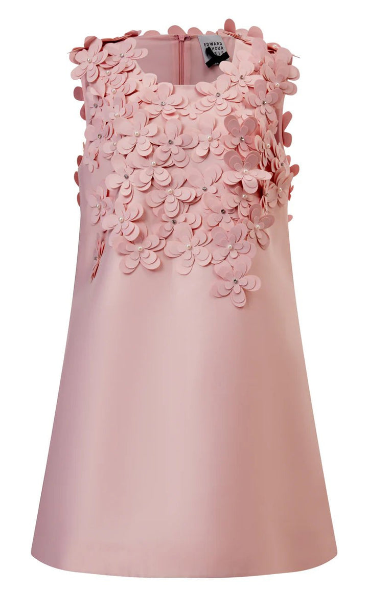 Front view of pink 3D floral A-line dress by Edward Achour Paris with embellished appliqué details and sleeveless round neckline