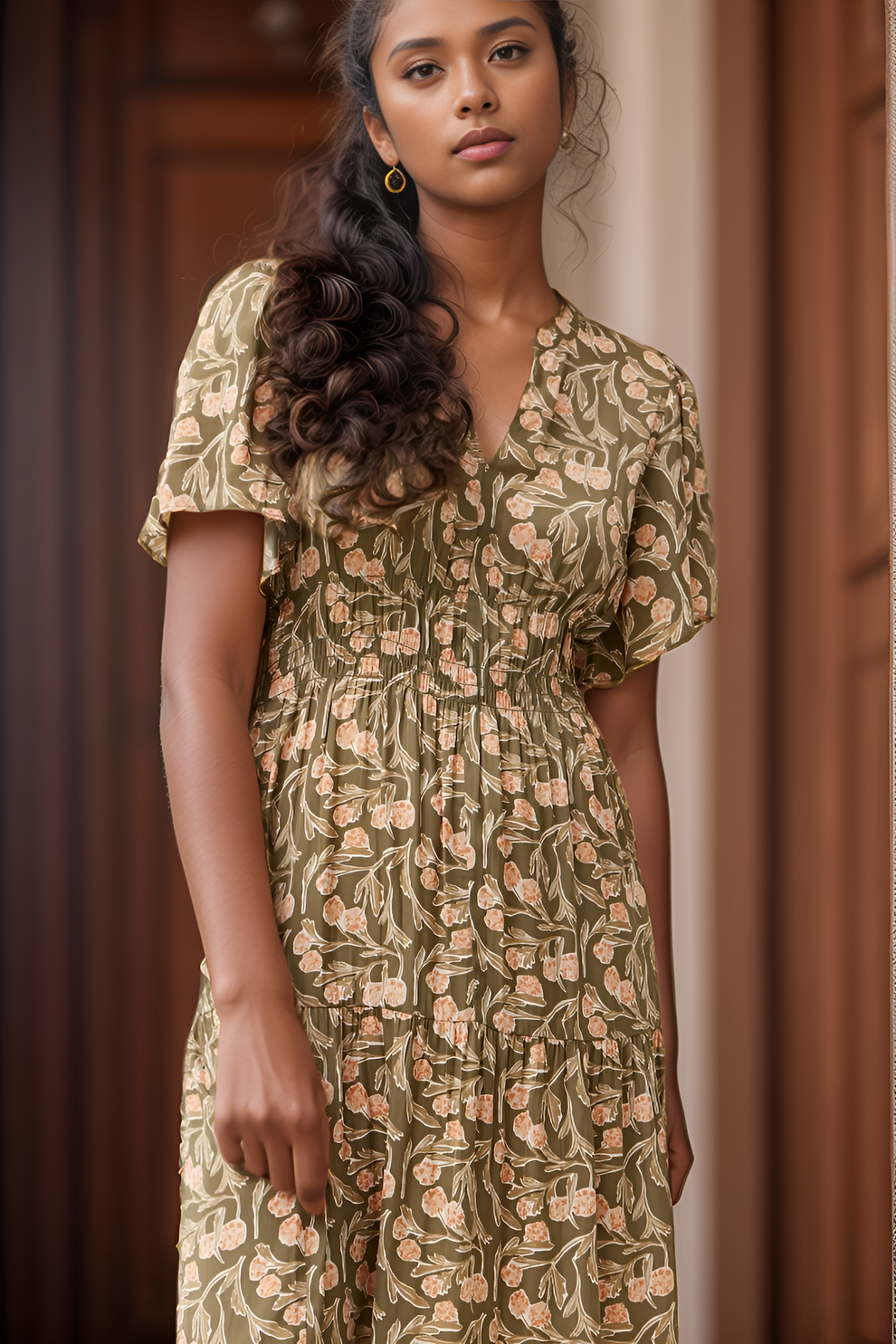 Woman wearing olive floral printed midi dress