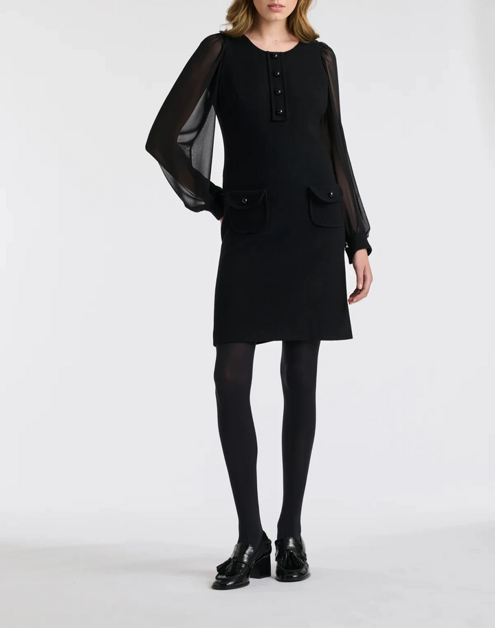Weill black wool crêpe dress with sheer sleeves, 4‑button placket and trompe‑l’œil flap pockets.