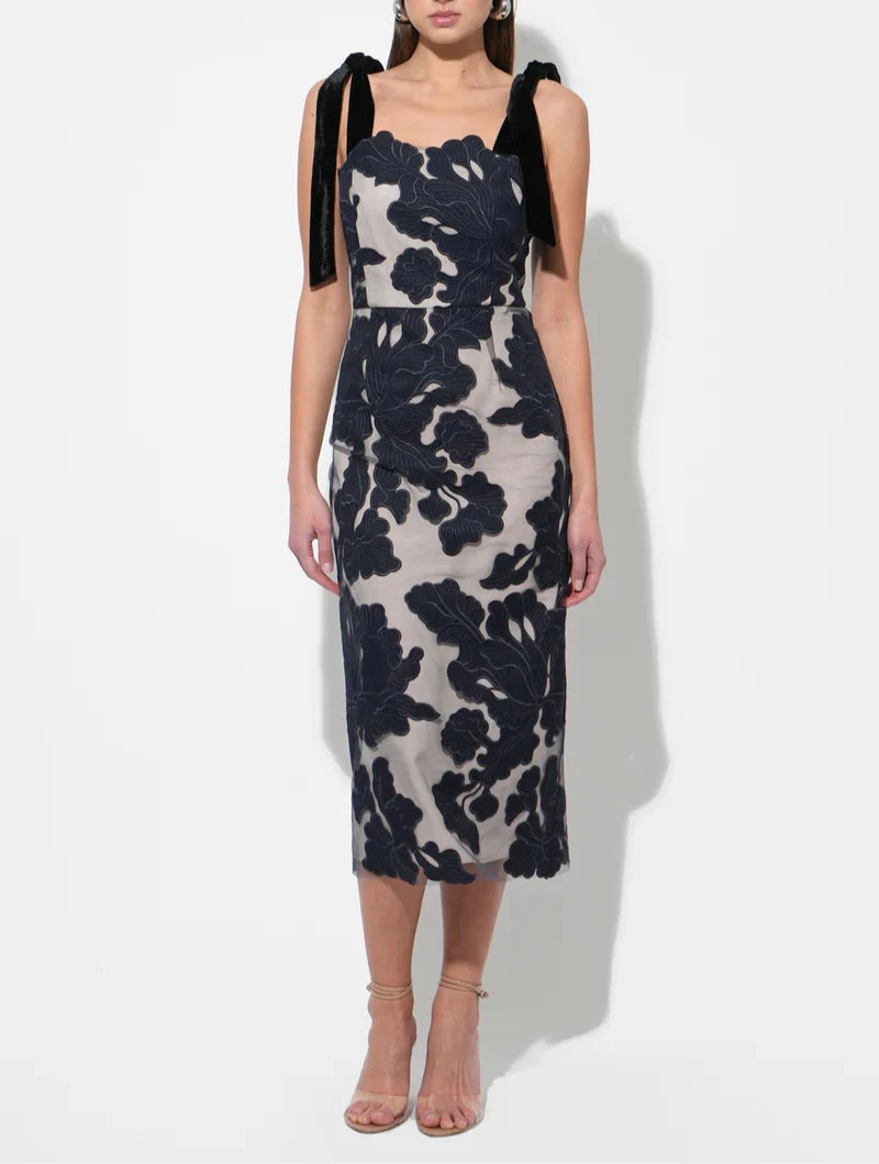 Navy floral overlay sheath midi with velvet shoulder bow ties on nude base