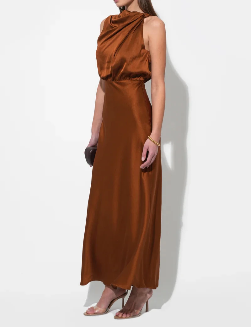 Toffee satin one-shoulder cowl-drape asymmetrical maxi dress with blouson bodice and bias-cut skirt — front view
