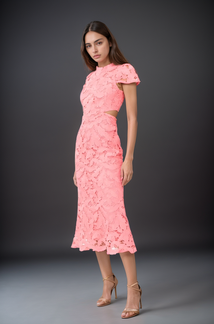 Bubblegum pink midi dress with 3D floral lace cap sleeves by ADELYN RAE