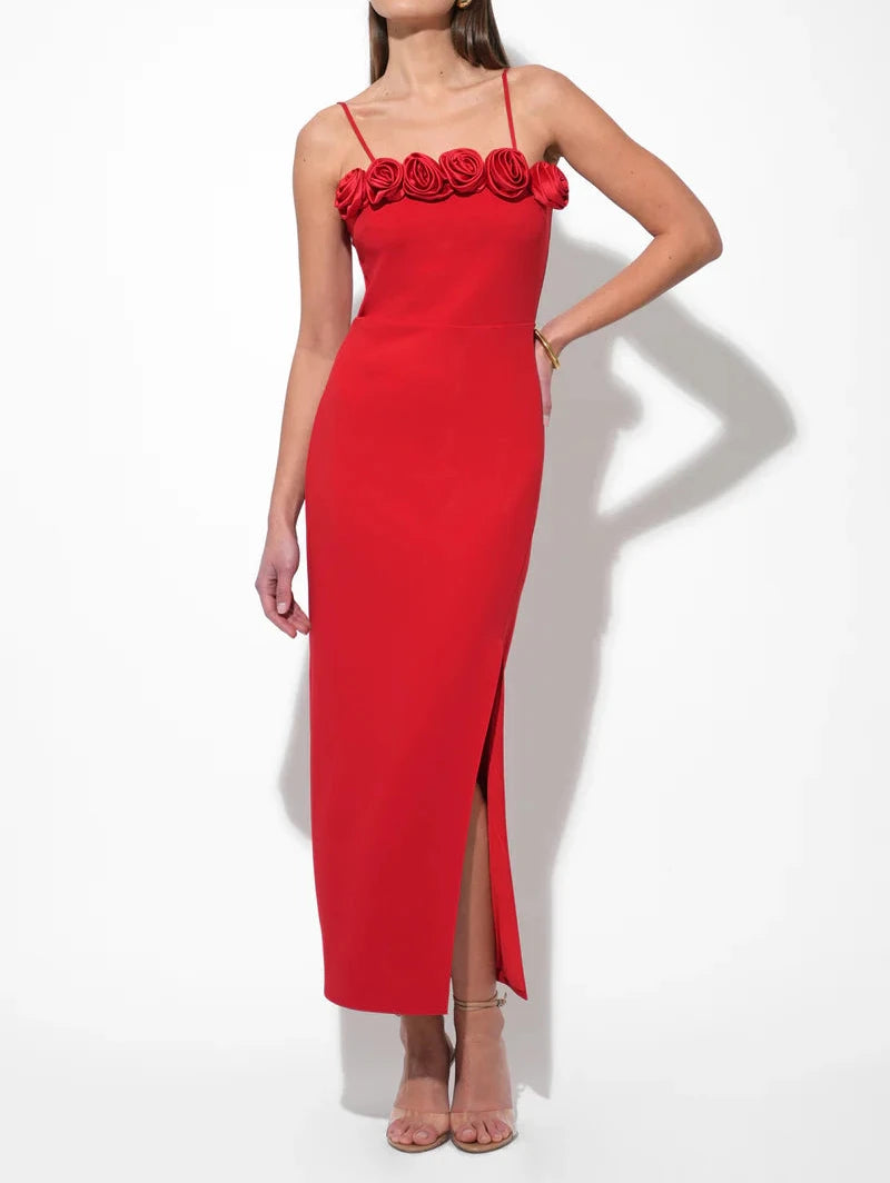 Red evening dress with floral details  with spaghetti strings that removable