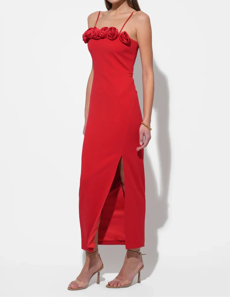 Red midi dress with 3D floral neckline and removable straps by Adelyn Rae