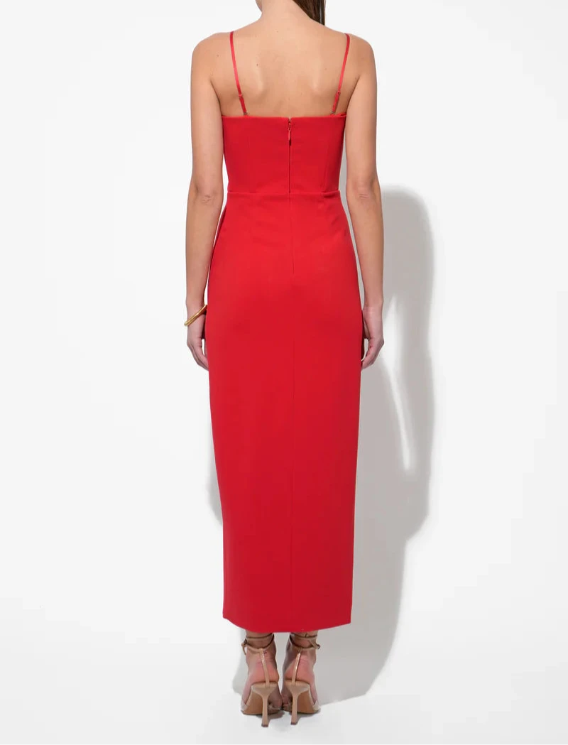 Red midi dress with 3D floral neckline and removable straps by Adelyn Rae