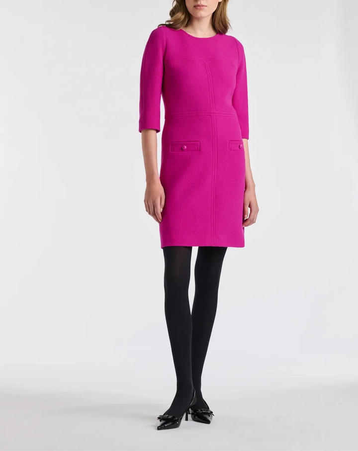 vibrant fuchsia shift with round neckline, 3/4 sleeves, pocket flaps and top-stitch details