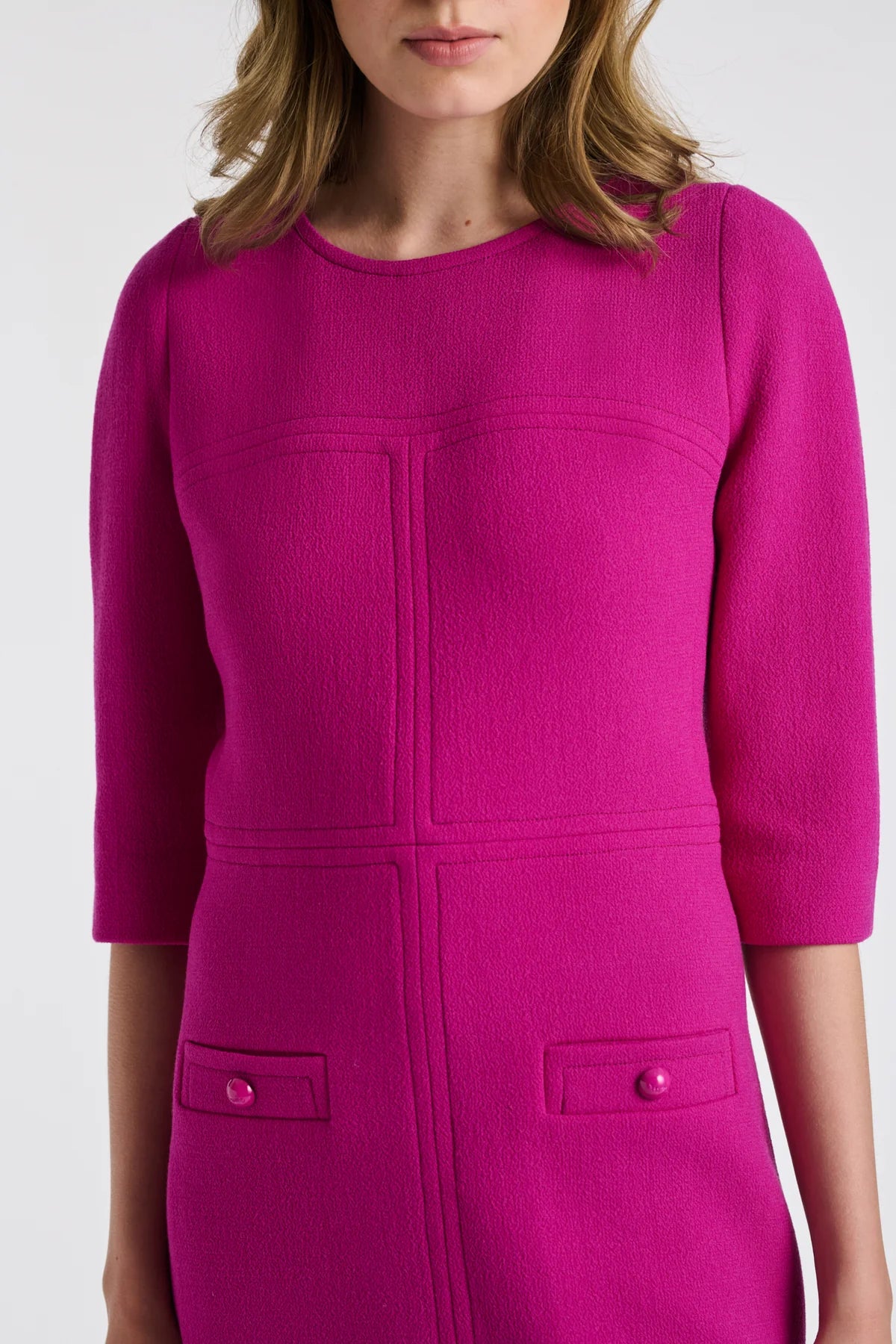 Knee-length fuchsia wool crêpe dress with 3/4 sleeves and top-stitched detailing by WEILL