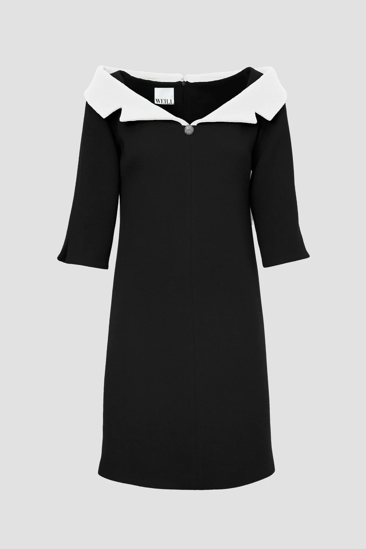 Weill Paris black wool crepe Bardot neck dress with ivory contrast neckline.
