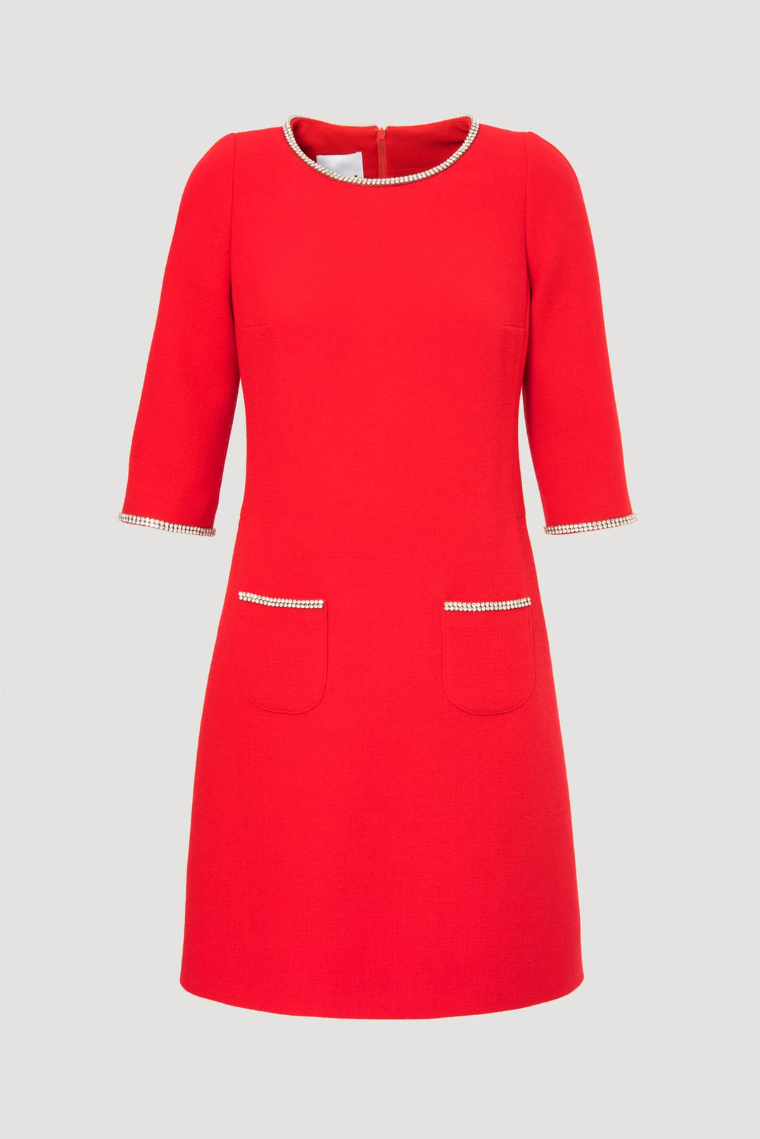 Weill Paris red wool‑crêpe shift dress with rhinestone neckline and elbow sleeves, above‑the‑knee hem, front view.