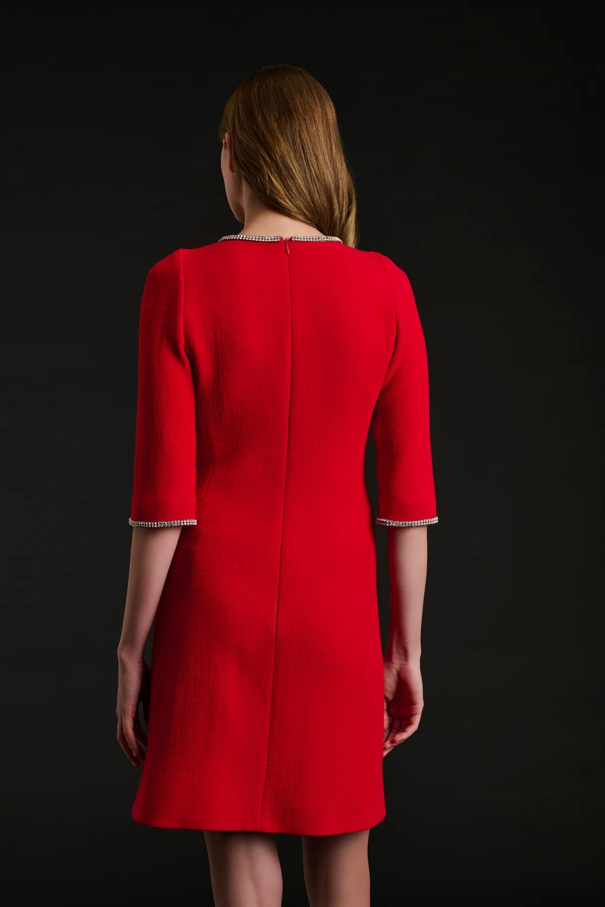 Back view of Weill Paris red wool‑crêpe shift dress with elbow sleeves and back zip.