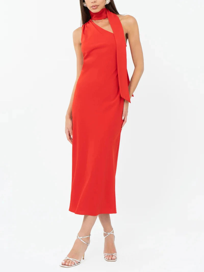 BTK COLLECTIONS-Red halter neck midi dress with a scarf detail, featuring a sleek and elegant design perfect for formal occasions or stylish evening wear- Saffron  Halter Midi Dress