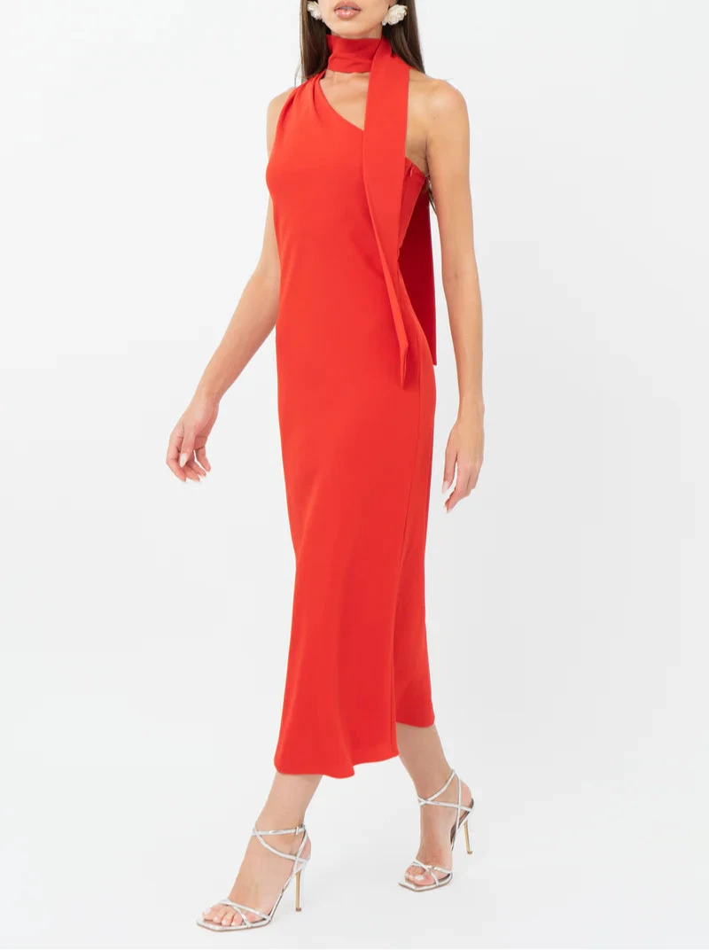 Red saffron halter-neck midi dress featuring a sleek sleeveless design, scarf detail, and elegant fit, perfect for formal events or cocktail parties.