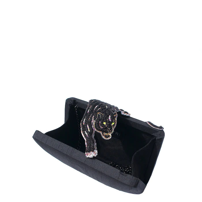 Designer Simitri 'Bagheera' clutch featuring intricate beadwork in the shape of a black panther's head on a sleek black fabric background, combining luxury with a touch of the wild-BTK COLLECTION