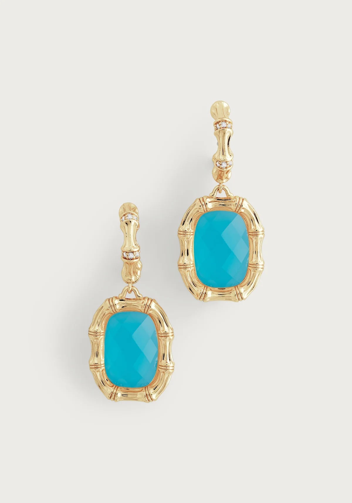 Gold bamboo drop earrings with pavé crystals and turquoise glass stone