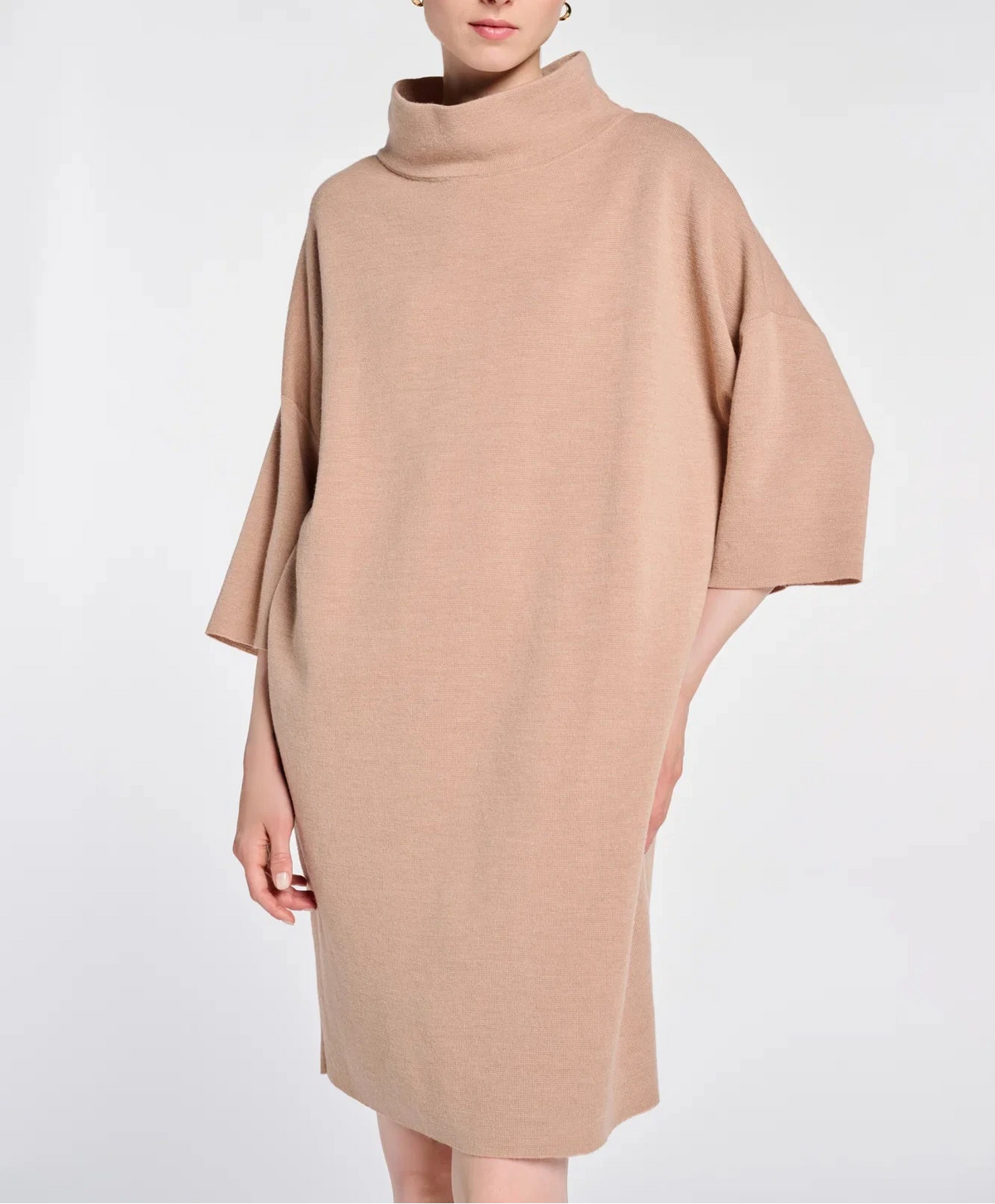 Model wearing the WEILL beige wool-blend high-neck sweater dress, full front view