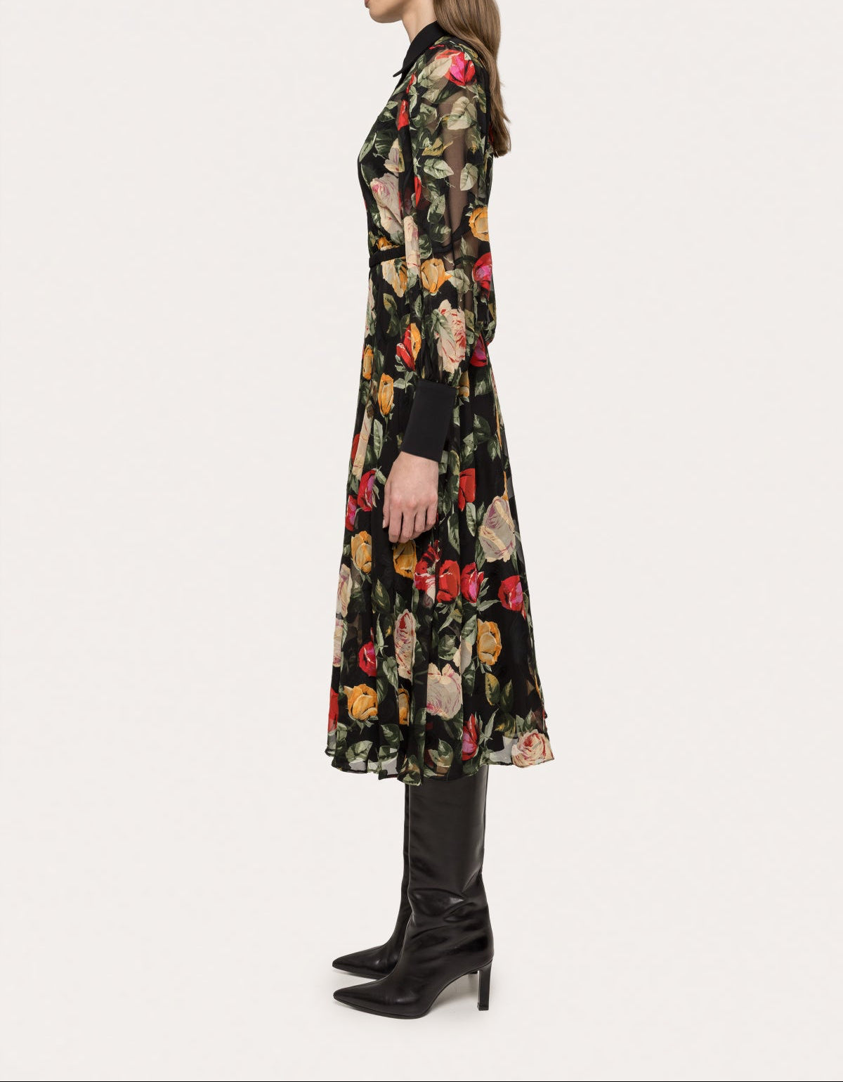 Belted chiffon midi dress with floral print, long sleeves, and black accents by NISSA.