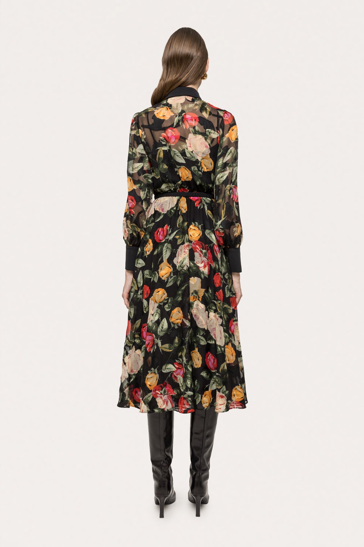 Floral chiffon belted midi dress in black with long sleeves and fitted waist by NISSA.