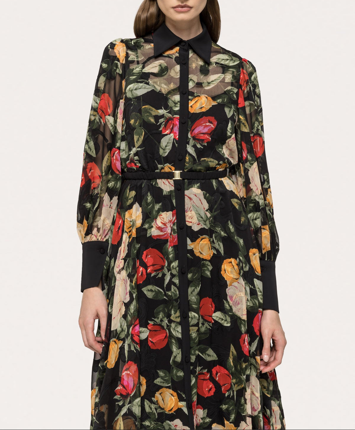 Black chiffon midi dress with floral print, long sleeves, and belted waist by NISSA.