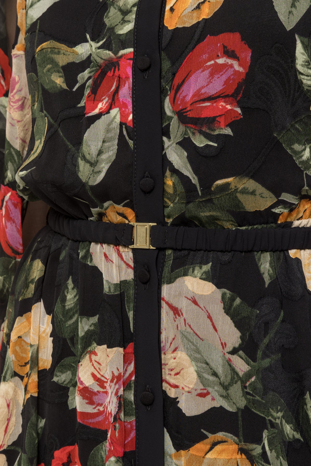 Floral belted chiffon midi dress in black from NISSA with button details and a cinched waist.