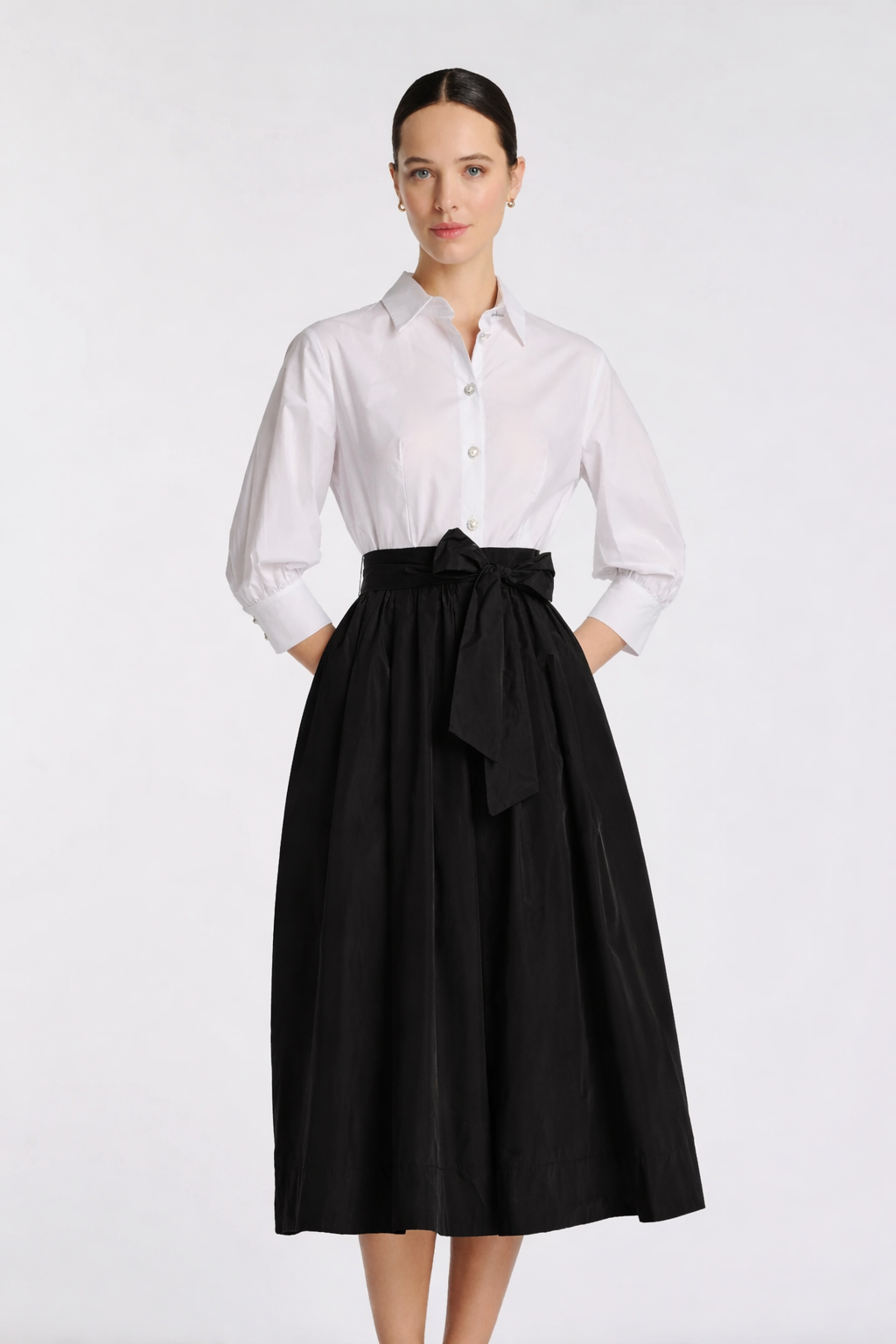 Black and white belted midi dress with contrast bodice and shirt collar