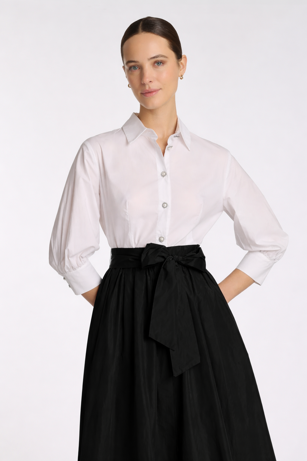 Black and white contrast midi dress with removable belt and side pockets